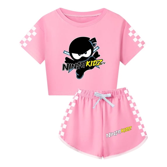 Ninja Kidz Girls Summer Set – Kids Cute Crop Top with Checker Sleeves and Matching Shorts