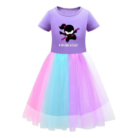 Ninja Kidz Graphic Tulle Dress – Girls Rainbow Skirt with Short Sleeves – Fun Kids Party Outfit with Comfortable Cotton Fit for Everyday Play
