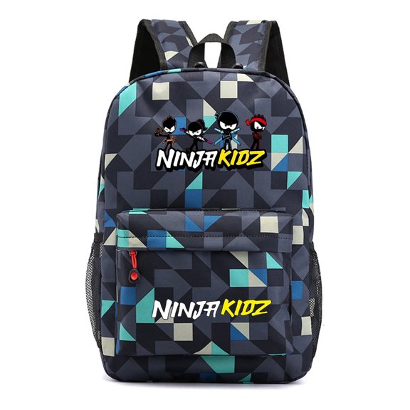 Ninja Kidz Modern Blue Geometric Backpack, Stylish Lightweight School Bag with Laptop Storage and Cool Anime Graphic