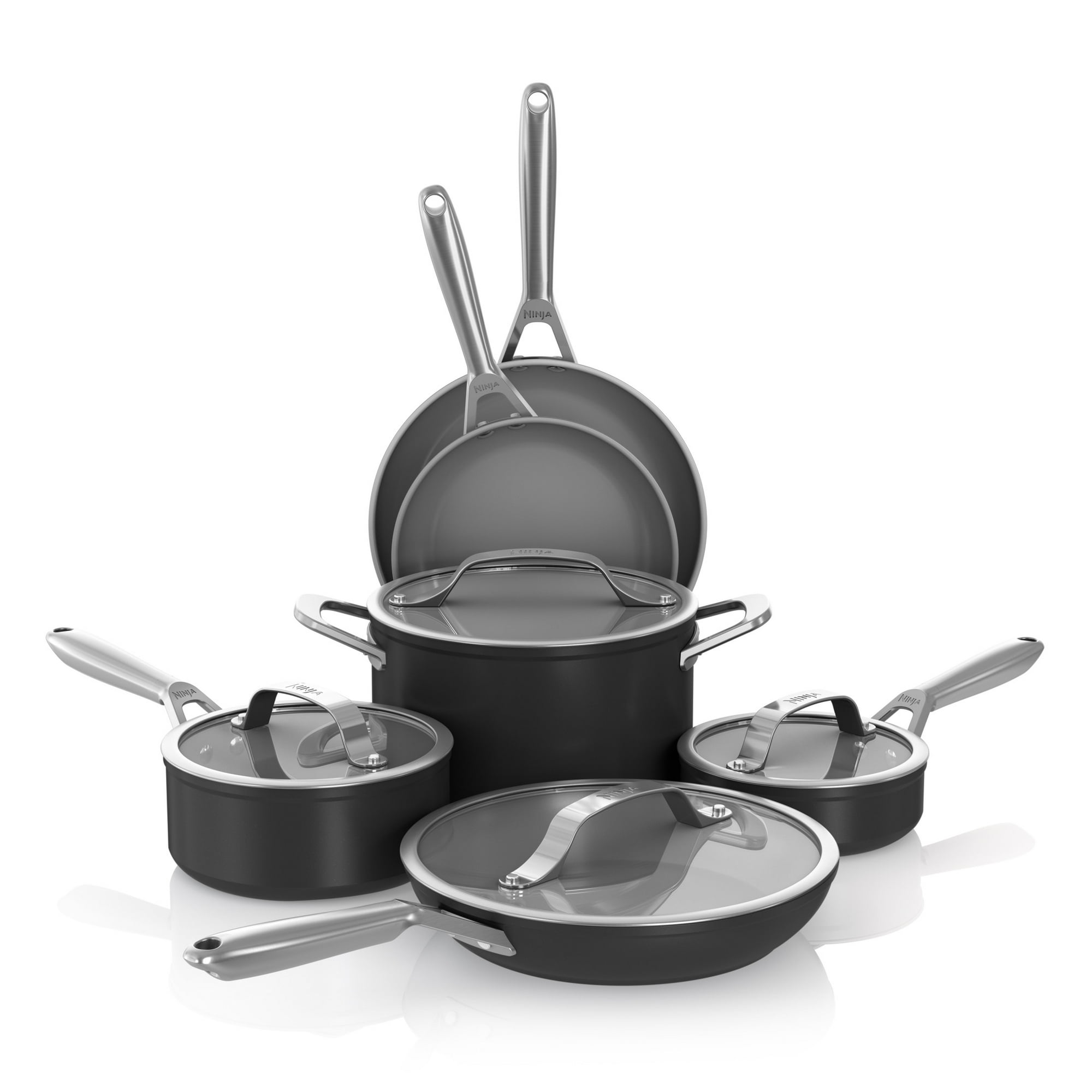 Ninja Ceramic Pro 10-Piece Cookware Set, Aluminum and Stainless Steel, Non-Stick Set, Glass Lids, Stove to 550F Oven Safe, Dishwasher Safe, Black, CW38000BK
