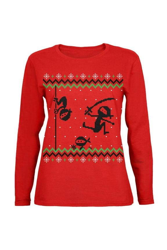 Ninja Ninjas Attack Ugly Christmas Sweater Womens Long Sleeve T Shirt Red 2XL