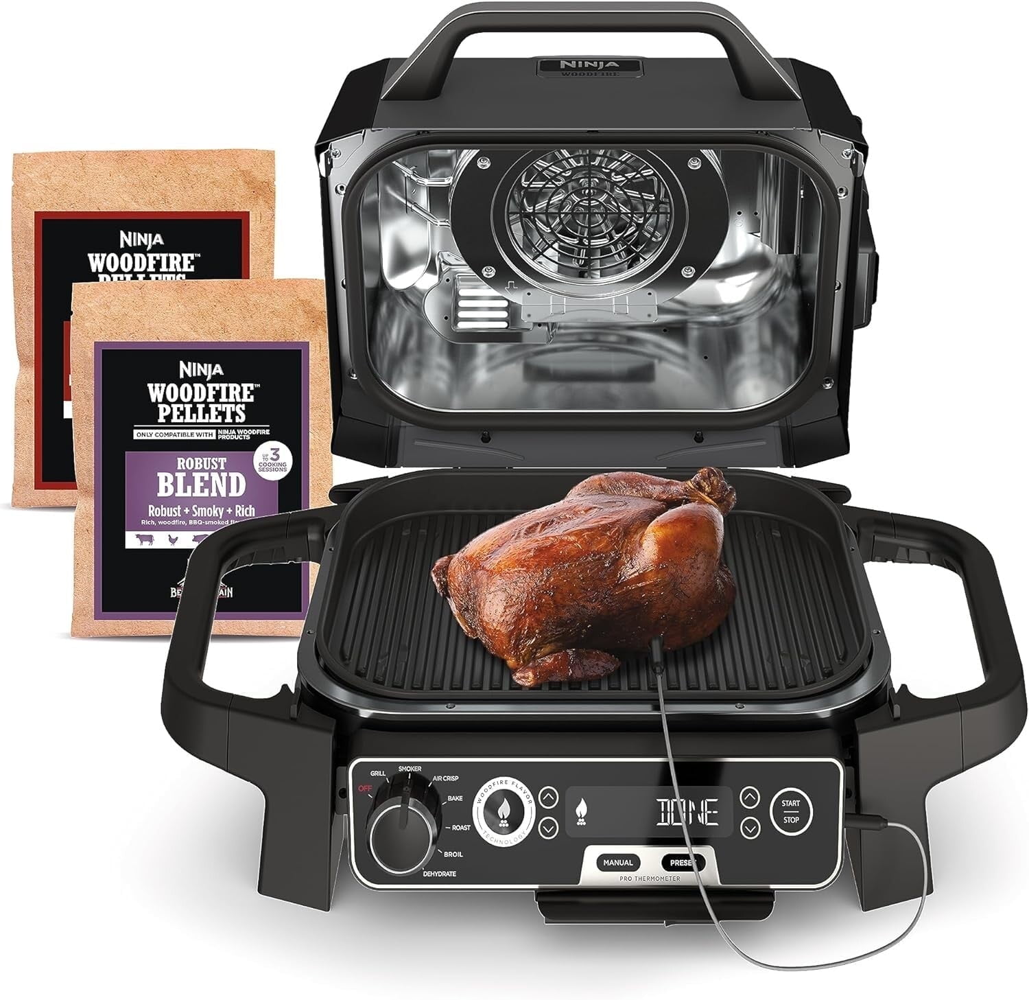 Walmart discount codes: Walmart Black Friday Deals 2025 - Ninja Woodfire Pro Outdoor Grill Built-In Thermometer,7-in-1 Master Grill,BBQ Smoker,& Outdoor Air Fryer Plus Bake,Roast,Dehydrate & Broil,Woodfire Technology,Weather-Resistant,Grey XL OG75