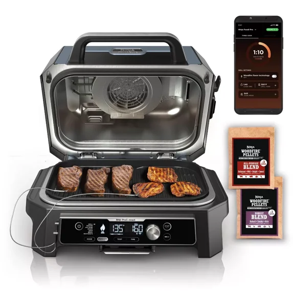 Ninja OG951 Woodfire ProConnect Premium XL Outdoor 7-in-1 Grill & Smoker, App Enabled, Air Fryer, 2 Built-In Thermometers - Blue