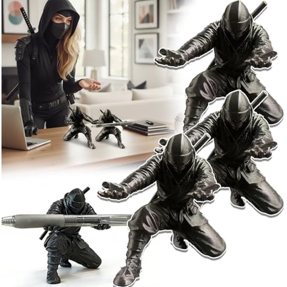 Ninja Pen Holder, Ninja Warrior Desk Accessory, Unique Action Figure Pen Stand for Home Office Student Desk, Black3Pcs