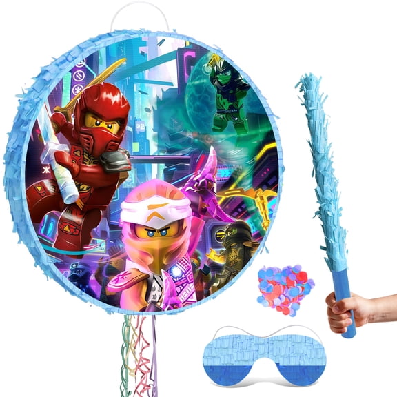 Ninja Piata,Ninja Themed Party Round Pinata Bundle - Ninja Piata Large, Ninja Party Decorations Blindfold & Ninja Birthday Party Stick etc Ninja Birthday Party Supplies for Boys/Girls