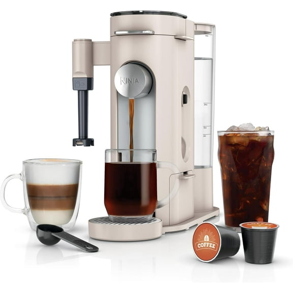 Ninja Pod & Grounds Coffee Maker XL Single-Serve K-Cup Pod Compatible Brews Grounds Compact Design Built-In Milk Frother 68-oz. Reservoir, 6-oz. Cup to 24-oz. Mug Sizes Stone PB055AST