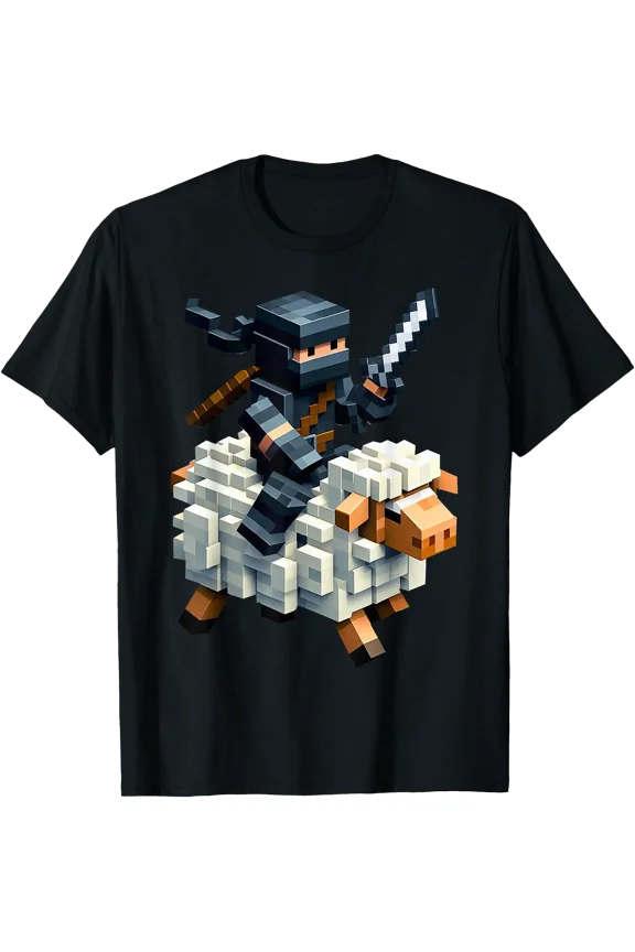Ninja Riding Sheep Block Style Character Pixel Art Boy Gamer T-Shirt