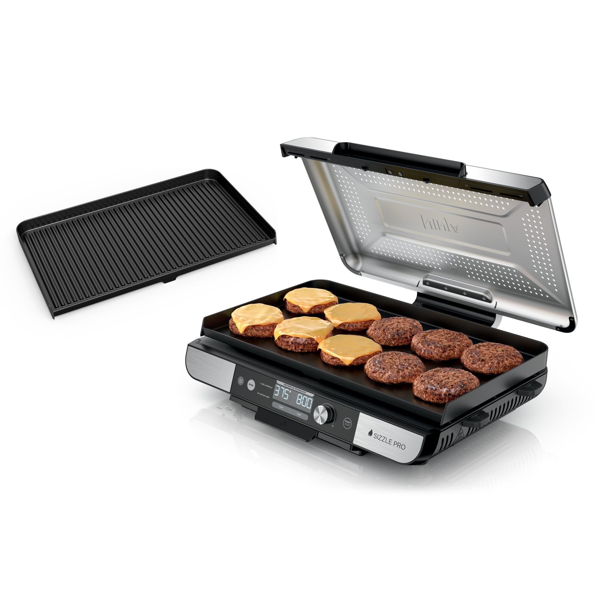 Ninja Sizzle Pro XL 8-10 Servings Indoor Griddle + Grill, Detachable Ventilated Lid, Grease Control, Ceramic Nonstick Plates, Even Edge-to-Edge Cooking, GX101 Silver
