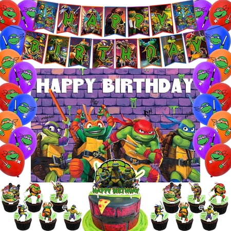 Turtle Ninja Birthday Party Supplies, Ninja Birthday Party Decorations Set Include Banners, Background, Balloons, Cupcake Toppers, Cake Topper for Kids Teenage Party Favors