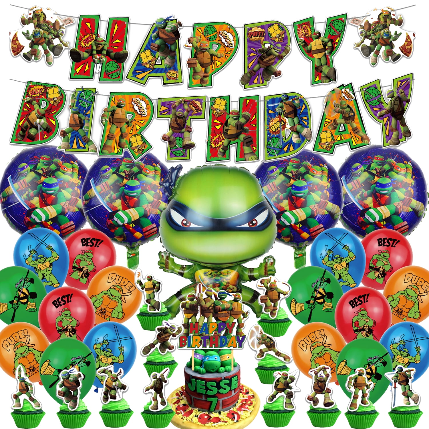 Ninja Turtles Birthday Party Decorations, 49 Pcs Ninja Turtles Party Decorations Include Birthday Banners, Cake Topper, Cupcake Toppers, Balloons for Kids Teenage TMNT Movie Theme Party Decor