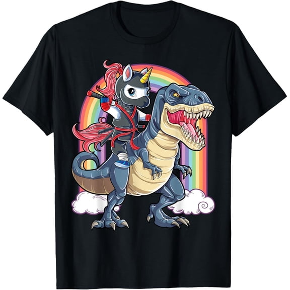 Ninja Unicorn Riding T-Rex T-Shirt – Funny Rainbow Dinosaur Tee for Men & Women