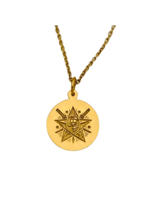 Ninja Warrior Engraved Pendant Necklace, Gold Plated Brass Round Jewelry with 18 Inch Cable Chain, 24mm Engraved Design Pendant for Men & Women
