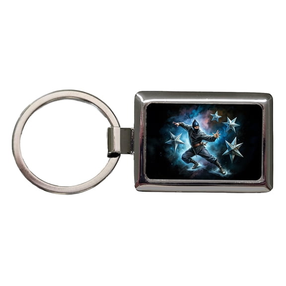 Ninja Warrior Throwing Stars Black Watercolor Metal Rectangle Keychain