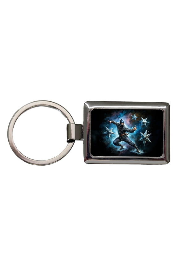 Ninja Warrior Throwing Stars Black Watercolor Metal Rectangle Keychain