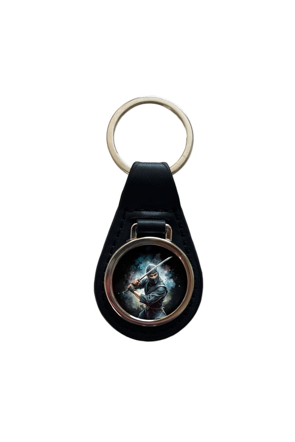 Ninja With Katana Black Watercolor Metal Black Leather Keychain