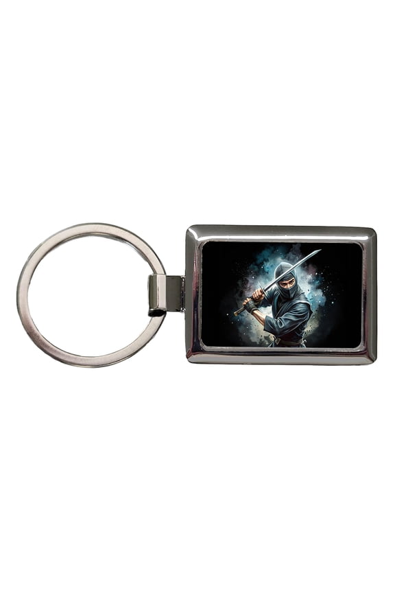 Ninja With Katana Black Watercolor Metal Rectangle Keychain