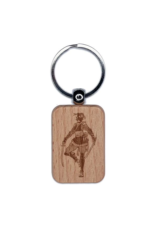 Ninja Woman Shinobi Rogue Rectangle Keychain Charm Tag - Engraved Wood