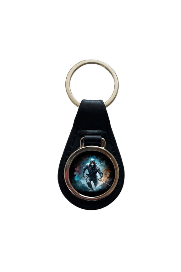 Ninja with Katana Running Black Watercolor Metal Black Leather Keychain