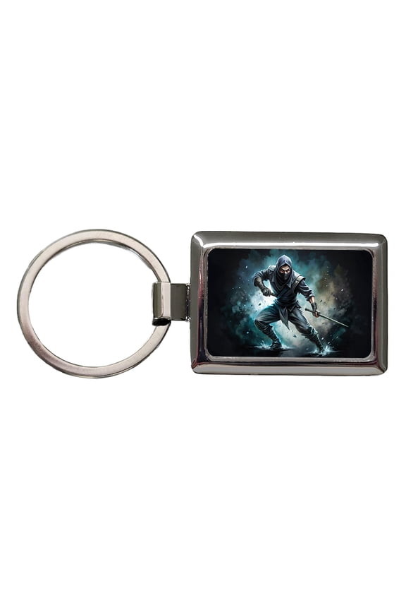 Ninja with Katana Sword Black Watercolor Metal Rectangle Keychain