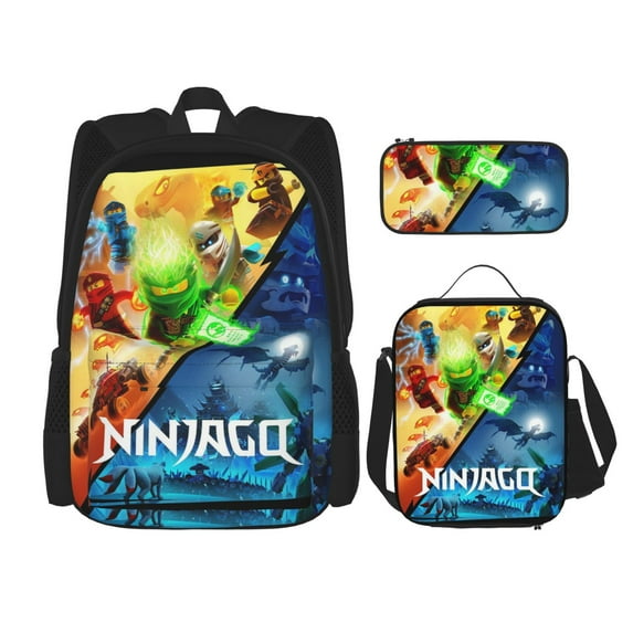 Ninjago Backpack 3 In 1 Bookbags Sets Adjustable Shoulder Backpack Lunch Bag Pencil Case Pouch Box, Black, One Size