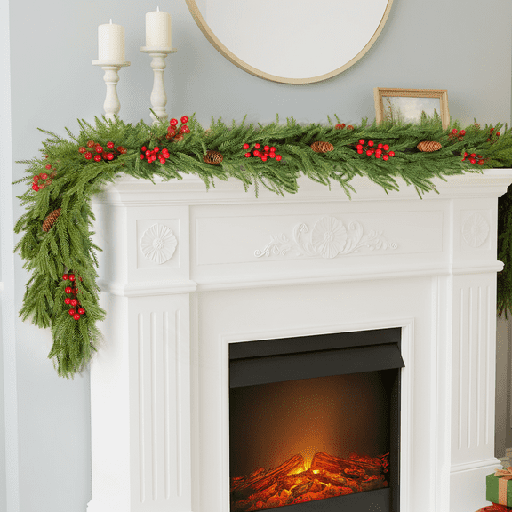 Ninonly 6FT Christmas Norfolk Pine Garlands, Artificial Christmas Garland with Berries, PineCones, Dense Real Touch Pine Garland Faux Greenery Garland for Mantle Fireplace Table Door Stair