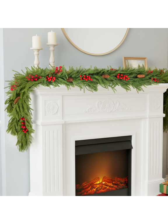6FT Christmas Norfolk Pine Garlands, Artificial Christmas Garland with Berries, PineCones, Dense Real Touch Pine Garland Faux Greenery Garland for Mantle Fireplace Table Door Stair