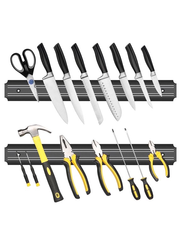 15 Inch Magnetic Knife Holder Set of 2, Black Powerful Magnetic Knife Strip for Wall Mount, Space-Saving Knife Rack with Screws for Kitchen Tools Utensils