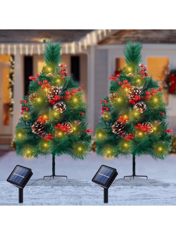 2 Pack 28 Inch Pre-Lit Solar Christmas Tree Lights, 8 Modes Solar Garden Christmas Trees with Stake, 60 LEDs Small Christmas Tree, Outdoor Christmas Decorations for Yard Pathway Walkway Grave