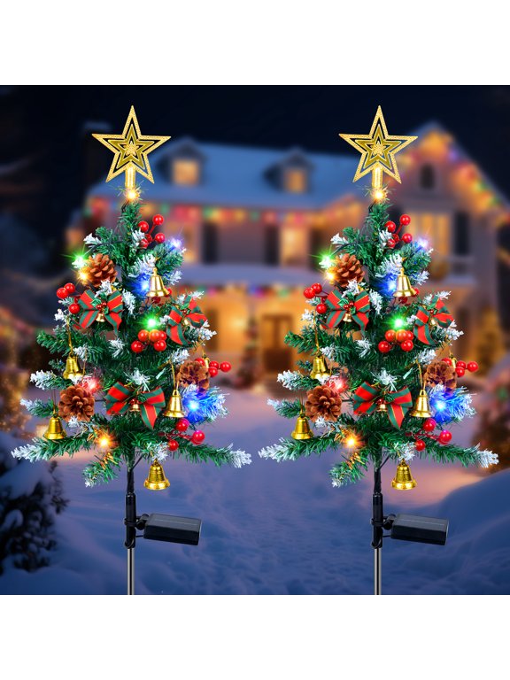 2 Pack Solar Christmas Trees Lights, 33.5 Inch Solar Garden Lights, 8 Modes Solar Powered Christmas Star Topper Landscape Light, Waterproof Xmas Tree Yard Decor Outdoor for Pathway Lawn Patio