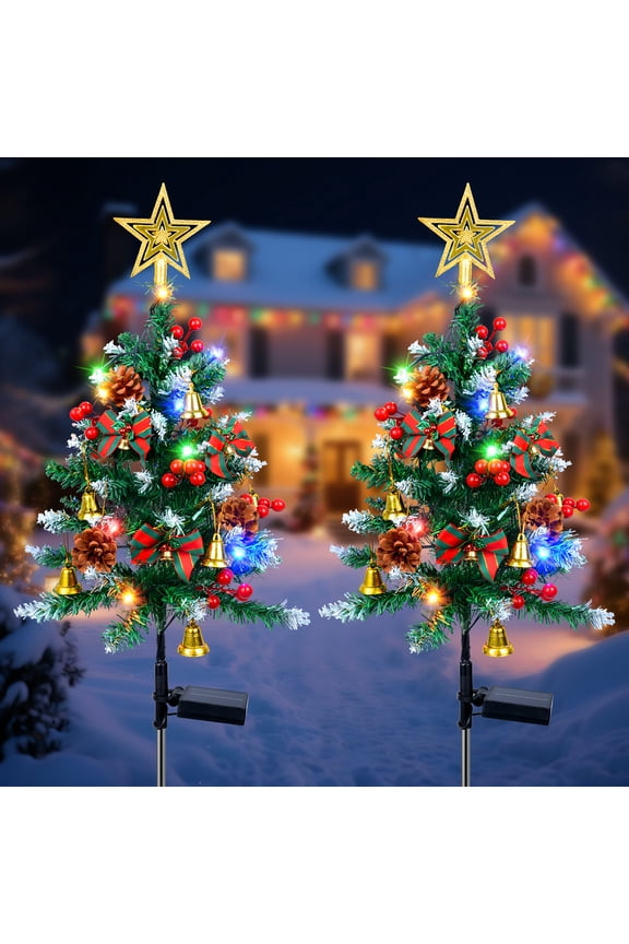 2 Pack Solar Christmas Trees Lights, 33.5 Inch Solar Garden Lights, 8 Modes Solar Powered Christmas Star Topper Landscape Light, Waterproof Xmas Tree Yard Decor Outdoor for Pathway Lawn Patio