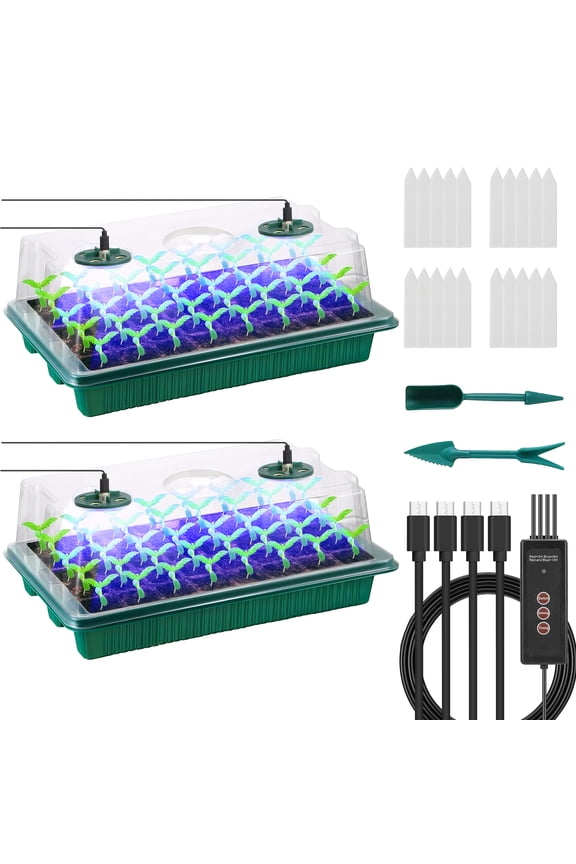 2 Pack Seed Starter Tray with LED Grow Light, Total 80 Cells Seedling Tray Kit with Humidity Dome, Indoor Plant Seed Starter Kit Greenhouse Plant Germination Kit for Seeds Starting Growing