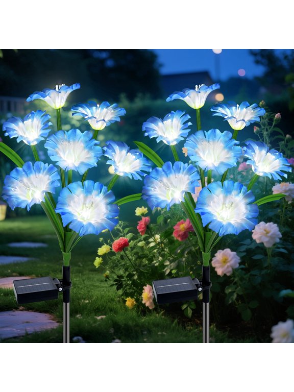 2Pack Morning Glory Solar Garden Lights, 8-Mode Solar Panel Outdoor Waterproof Flowers,for Yard Pathway Patio Lawn,Blue