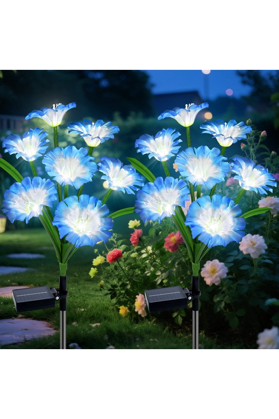 2Pack Morning Glory Solar Garden Lights, 8-Mode Solar Panel Outdoor Waterproof Flowers,for Yard Pathway Patio Lawn,Blue