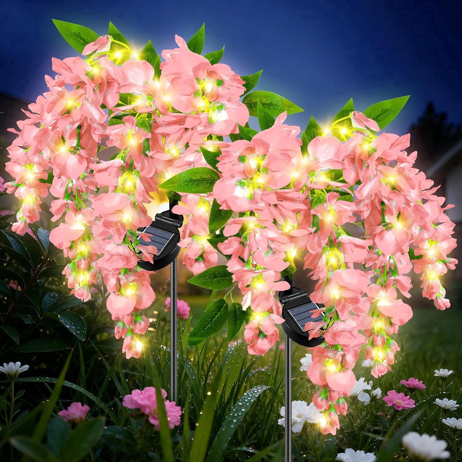 Ninonly 2 Pack Solar Garden Lights Outdoor, 2 Lighting Modes Solar Wisteria Flowers Lights Outdoor Waterproof for Landscape Courtyard Lawn Decor