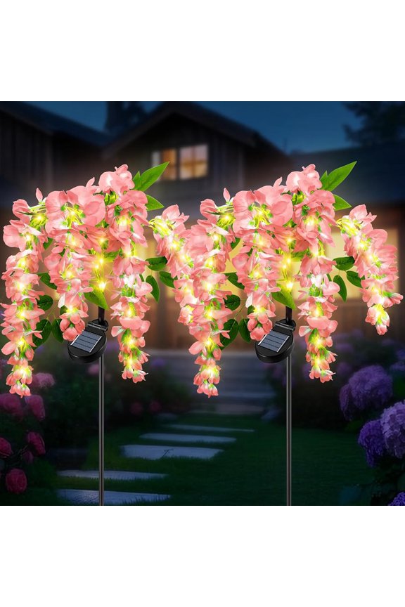 2 Pack Solar Wisteria Flowers Lights, Solar Garden Lights Outdoor, Solar Pathway Lights Pink