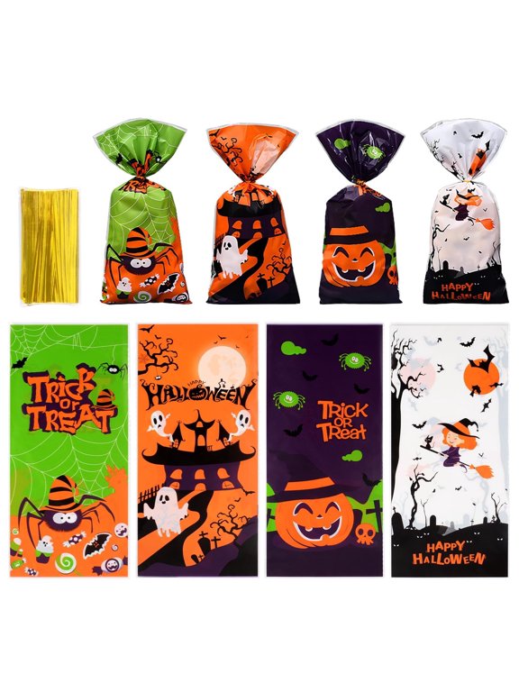 200 Pcs Halloween Candy Bags, Bat Pumpkin Spider and Witch Halloween Cellophane Bags, Plastic Treat bags with 200 Pcs Twist Ties for Snacks Cookies Halloween Party Favors Supplies