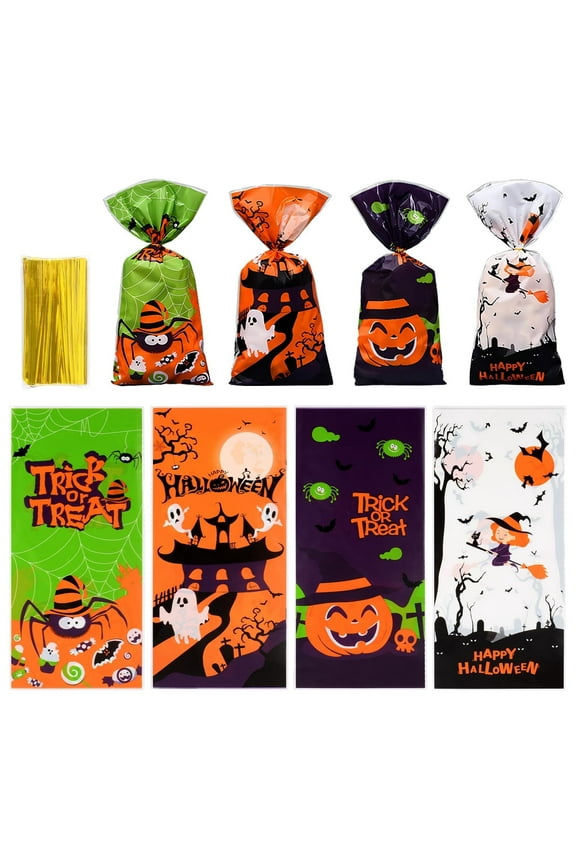 200 Pcs Halloween Candy Bags, Bat Pumpkin Spider and Witch Halloween Cellophane Bags, Plastic Treat bags with 200 Pcs Twist Ties for Snacks Cookies Halloween Party Favors Supplies