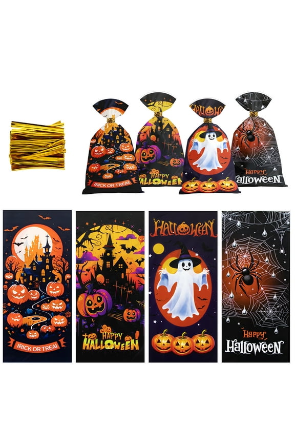 200 Pcs Halloween Candy Bags, Halloween Treat Bags with Twist Ties, Halloween Goodie Bags for Cookie Snack Popcorn, Trick or Treat Hallowen Party Supplies-B