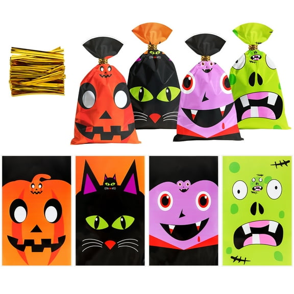 Ninonly 200 Pcs Halloween Candy Bags, Halloween Treat Bags with Twist Ties, Halloween Goodie Bags for Cookie Snack Popcorn, Trick or Treat Hallowen Party Supplies-C
