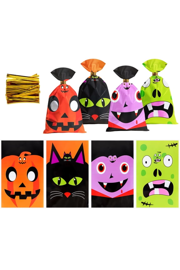 200 Pcs Halloween Candy Bags, Halloween Treat Bags with Twist Ties, Halloween Goodie Bags for Cookie Snack Popcorn, Trick or Treat Hallowen Party Supplies-C