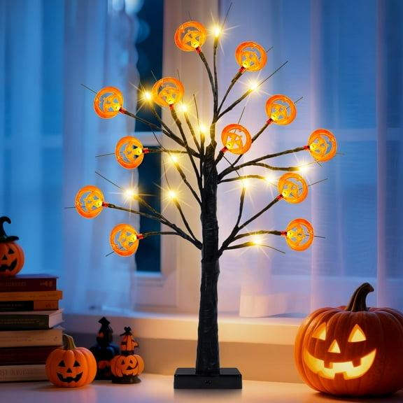 Ninonly 24Inch Black Halloween Tree Lights with Pumpkin Ornaments, 24 LED Halloween Decorations Indoor, USB & Battery Operated Tabletop Tree for Fireplace Home Desk Table Mantle Halloween Party Decor
