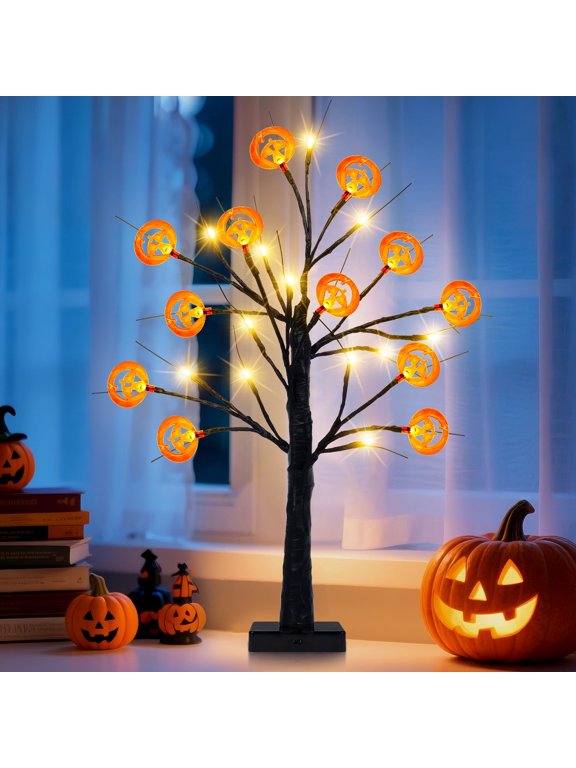 24Inch Black Halloween Tree Lights with Pumpkin Ornaments, 24 LED Halloween Decorations Indoor, USB & Battery Operated Tabletop Tree for Fireplace Home Desk Table Mantle Halloween Party Decor