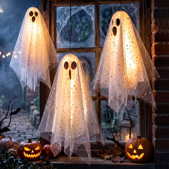 Ninonly 3-Pack Hanging Ghosts Halloween Decorations for Indoor and Outdoor Use, Light-Up Ghost Decorations