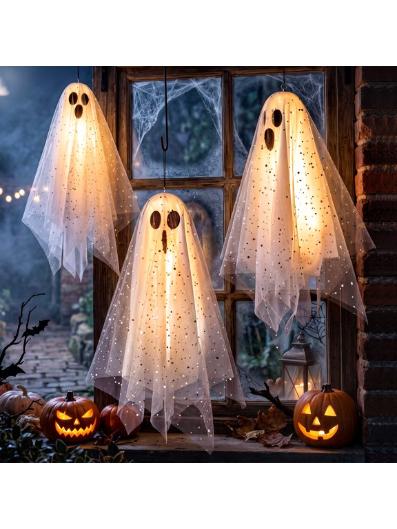 3-Pack Hanging Ghosts Halloween Decorations for Indoor and Outdoor Use, Light-Up Ghost Decorations