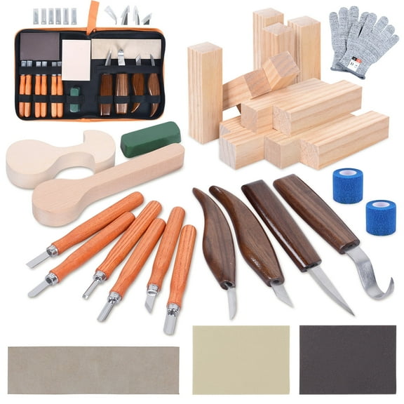 Ninonly 42pcs Wood Carving Kit, Wood Whittling Kit for Beginners, Wood Carving Knife Set with 12 Basswood Blocks, Wood Carving Tools DIY Hobbies for Adults Spoon Bowl Kuksa Cup