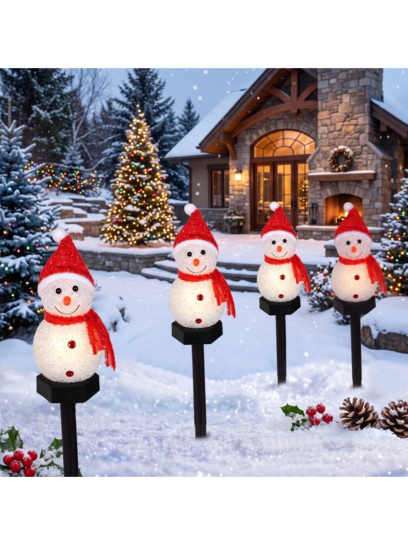 4 Pack Christmas Snowman Pathway Lights, Solar-Powered Snowman Stakes with 8 Lighting Modes for Pathways and Garden Decor, Red