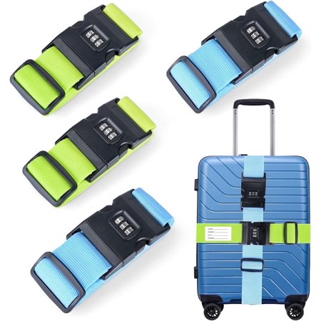 Ninonly 4 Pack Luggage Straps, Travel Case Adjustable Luggage Belts, Blue and Green Luggage Belt with Lock and Tag Travel Luggage Belts, Travel Luggage Security Accessories