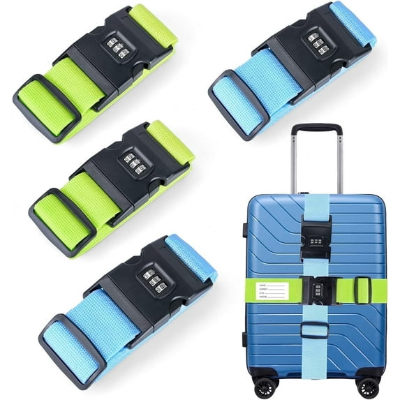 Ninonly 4 Pack Luggage Straps, Travel Case Adjustable Luggage Belts, Blue and Green Luggage Belt with Lock and Tag Travel Luggage Belts, Travel Luggage Security Accessories