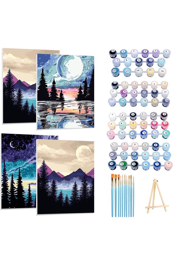4 Pack Paint by Numbers Kit for Adults Framed Canvas, Art Supplies for Adults Beginners with Easel, Brushes, Acrylic Paint Set, 9 * 12 Inch