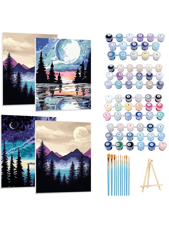 4 Pack Paint by Numbers Kit for Adults Framed Canvas, Art Supplies for Adults Beginners with Easel, Brushes, Acrylic Paint Set, 9 * 12 Inch